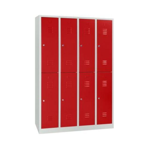 Kleiderspind, 4 Abteile übereinander, B 1170 x H 1950 mm, Zylinderschloss, lichtgrau/feuerrot