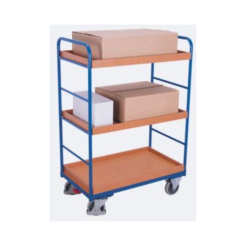 Etagenwagen, Stahl/MDF-Platte, Enzianblau/Buche-Dekor, 3 Etagen, 815 x 455 mm, EasySTOP, bis 250 kg