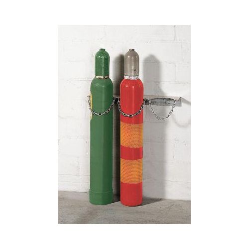 Gasflaschen-Wandhalterung, Stahl, B 575 x T 130 x H 60 mm, 3 Flaschen Ø 140 mm, mit Kettensicherung