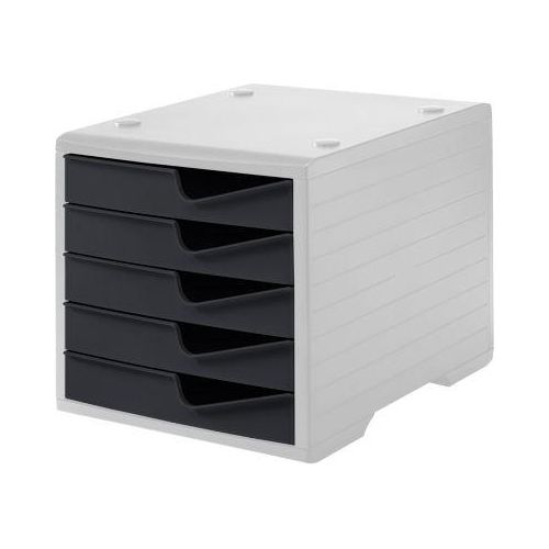 Schubladenbox styro® styroswing, 5 Schübe, Auszugsperre & Griffmulde, stapelbar, B 270 x T 340 x H 255 mm, Polystyrol, grau-anthrazit