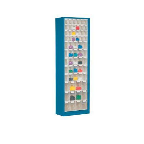 Magazinschrank, Volumen 333 l, 61 herausnehmbare Klappkästen mit Griffmulde, B 665 x T 250 x H 2000 mm, enzianblau/transparent