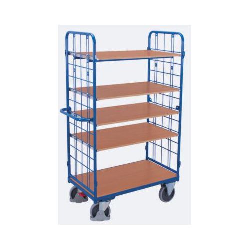 Etagenwagen, Stahl/MDF-Platte, Enzianblau/Buche-Dekor, 1 Etage, 850 x 500 mm, 2 Stirnwände aus Drahtgitter, EasySTOP, bis 400 kg