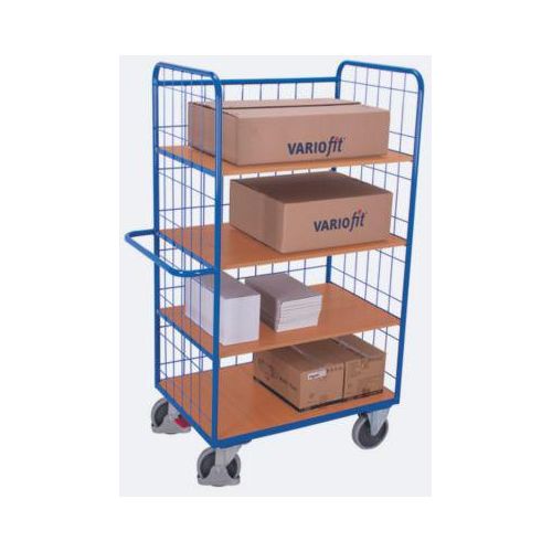 Drahtgitter-Etagenwagen, Stahl/MDF-Platte, Enzianblau/Buche-Dekor, 4 Etagen, 975 x 700 mm, EasySTOP, bis 500 kg