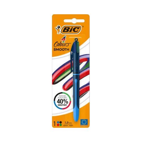 BIC 4 Colours Smooth Vierfarbkugelschreiber mit 40 % weicherer Tinte, 1 Stück im Blister, Schaftfarbe Drop-Blau