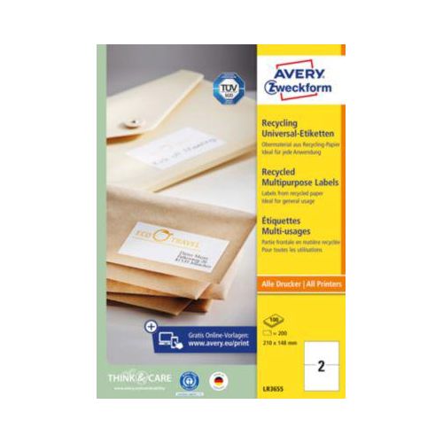 Etiketten AVERY® Zweckform, für Druckertyp Inkjet/Laser, rechteckig, nachhaltig, A4 Format, Papier, naturweiß, 200 Etiketten, B 1210 x H 148 mm