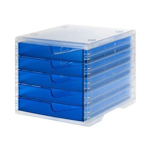 Schubladenbox styro® styroswing light, 5 Schübe, Auszugsperre & Griffmulde, stapelbar, B 270 x T 340 x H 255 mm, Polystyrol, transparent-blau