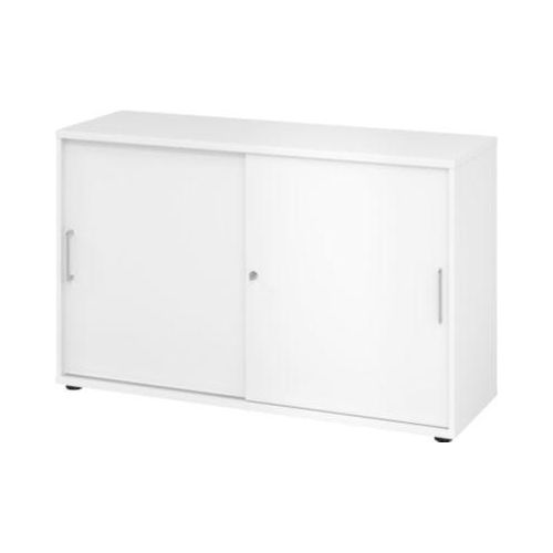 Schiebetürschrank Breno, abschließbar, Spanplatte, melaminharzbeschichtet, B 1200 x T 400 x H 748 mm, 2 Ordnerhöhen, weiß/weiß