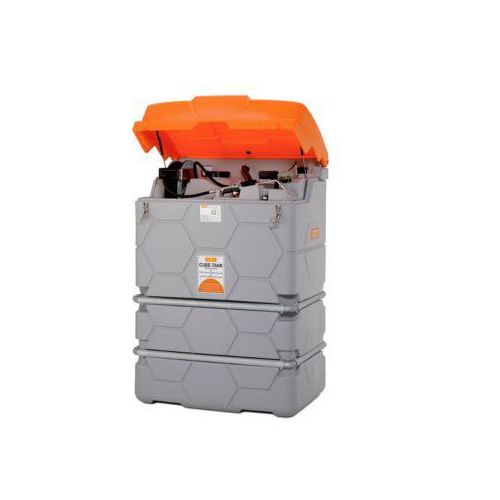 Schmierstofftankanlage CEMO CUBE Outdoor Premium, 230 V Elektropumpe, 15 m Schlauch, Klappdeckel, 1000 l Volumen
