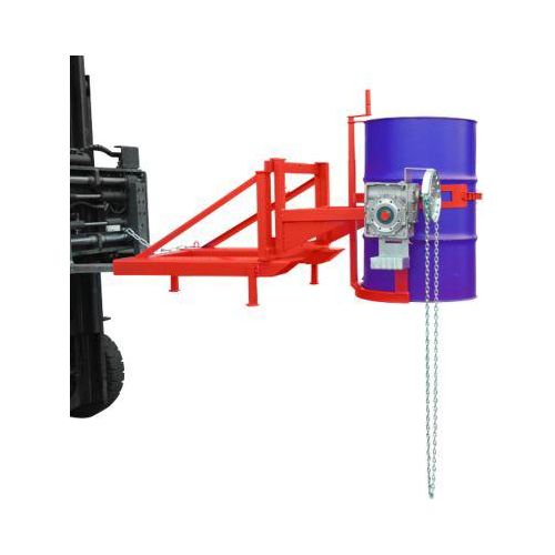 Fasskipper Bauer Typ FD/L, für 110 bis 220 l Fässer, 360 kg, 270° Kippen, mit Endloskette, Stapleraufnahme, feuerrot RAL 3000