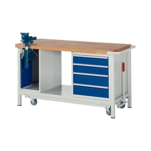 Werkbank Modell 8185, fahrbar, absenkbar, mit Schrank und Schubladen, B 1500 x T 700 x H 880 mm