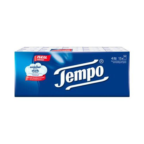 Taschentücher Tempo® Original, 4-lagig, dermatologisch getestet, waschmaschinenfest, biologisch abbaubar, Zellstoff, weiß, 15 Päckchen á 10 Tücher