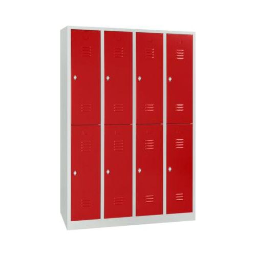 Kleiderspind, 4 Abteile übereinander, B 1170 x H 1950 mm, Drehriegelverschluss, lichtgrau/feuerrot