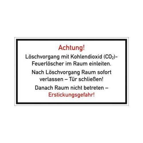 moedel Warnschild „Löschvorgang mit CO2-Feuerlöscher im Raum“, gemäß DGUV 205-034, L 150 x B 250 mm, Folie, weiß-rot-schwarz