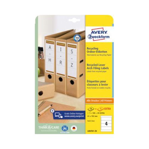 Ordner-Etiketten AVERY® Zweckform, für Druckertyp Inkjet/Laser, rechteckig, permanent, 120 St., B 61 x H 192 mm, breite Ordner, Papier, naturweiß