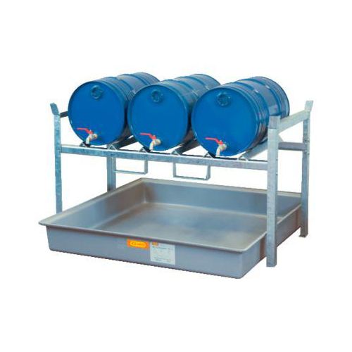 Fassregal Typ 800 Variante 5 CEMO, mit Fassauflage u. Auffangwanne, für 3 x 60 I-Fässer, L 1410 x B 1280 x H 840 mm