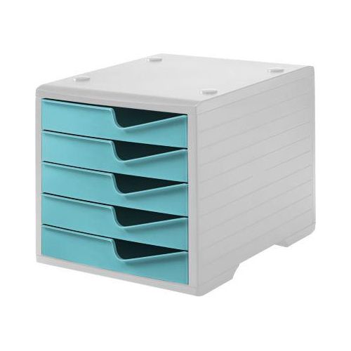 Schubladenbox styro® styroswing, 5 Schübe, Auszugsperre & Griffmulde, stapelbar, B 270 x T 340 x H 255 mm, Polystyrol, grau-aqua