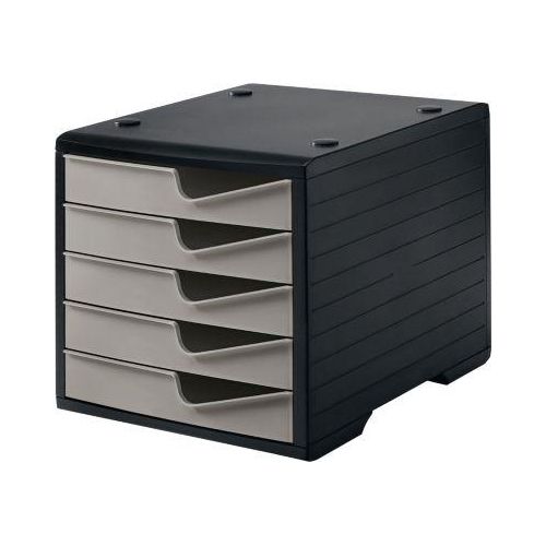 Schubladenbox styro® styroswing, 5 Schübe, Auszugsperre & Griffmulde, stapelbar, B 270 x T 340 x H 255 mm, Polystyrol, schwarz-taupe