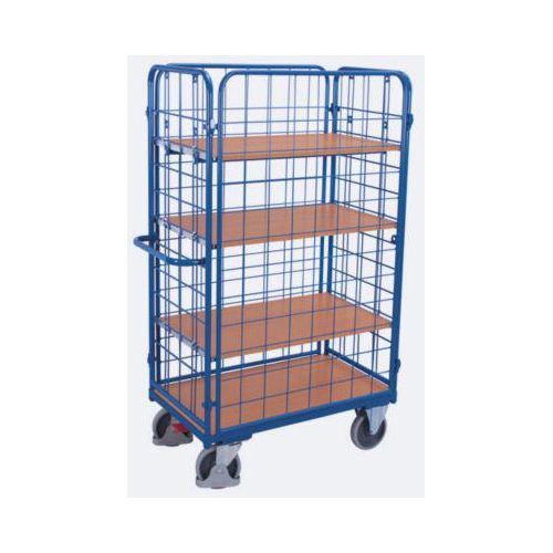 Drahtgitter-Etagenwagen, Stahl/MDF-Platte, Enzianblau/Buche-Dekor, 1 Etage, 850 x 500 mm, einhängbare Längswände, EasySTOP, bis 400 kg