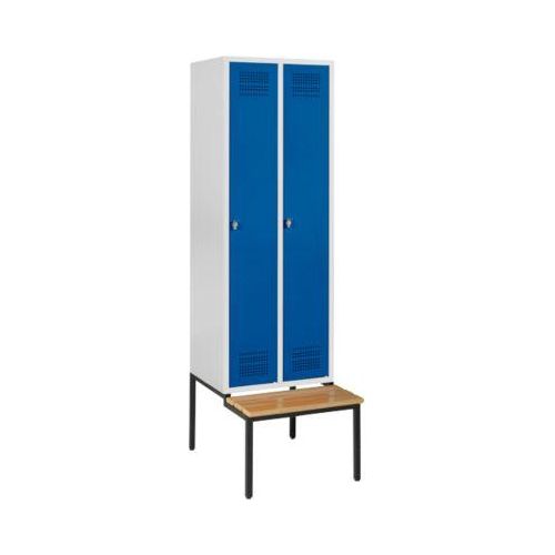 Schäfer Shop Genius Kleiderspind mit Sitzbank, 2 Abteile, Sicherheitsdrehriegelverschluss, lichtgrau/enzianblau