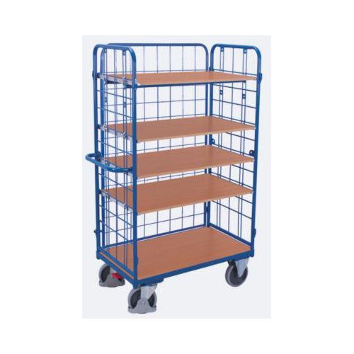 Drahtgitter-Etagenwagen, Stahl/MDF-Platte, Enzianblau/Buche-Dekor, 1 Etage, 1200 x 800 mm, einhängbare Längswand, EasySTOP, bis 500 kg