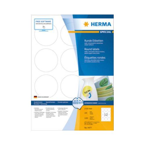 Herma runde Etiketten Nr. 4477 auf DIN A4-Blättern, 1200 Etiketten, 100 Bogen