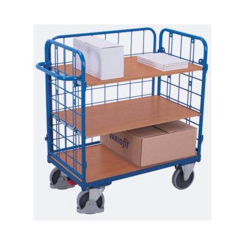 Drahtgitter-Etagenwagen, Stahl/MDF-Platte, Enzianblau/Buche-Dekor, 1 Etage, 850 x 500 mm, einhängbare Längswand, EasySTOP, bis 400 kg