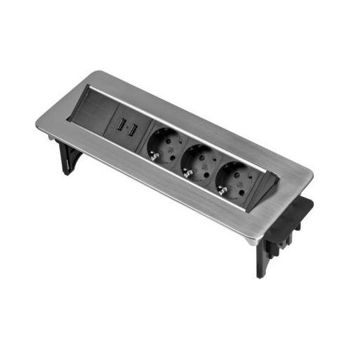 Brennenstuhl Indesk Power USB-Charger, 3 Schutzkontakt-Steckdosen, 2 USB-Ladebuchsen, versenkbar, 2 m Kabel, silber/schwarz