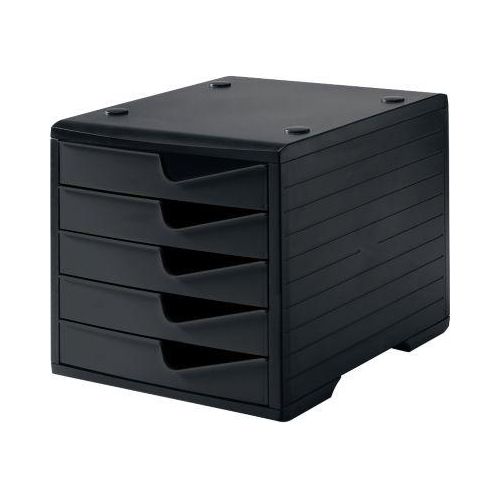 Schubladenbox styro® styroswing, 5 Schübe, Auszugsperre & Griffmulde, stapelbar, B 270 x T 340 x H 255 mm, Polystyrol, schwarz-schwarz