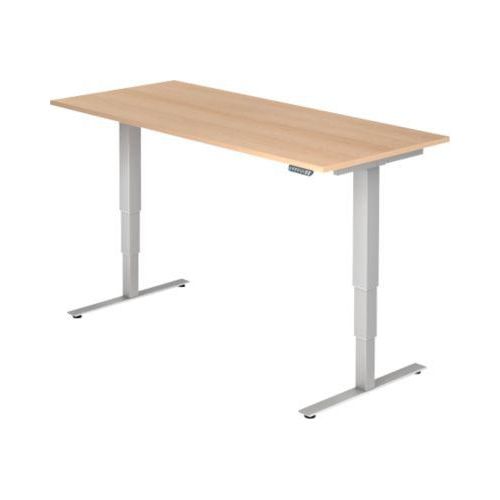 Schreibtisch ULM, elektrisch höhenverstellbar, Rechteck, T-Fuß, B 1800 x T 800 x H 625-1275 mm, Eiche/weißalu + Memoryschalter