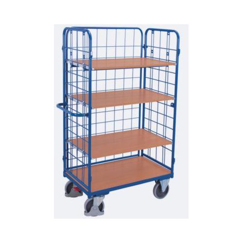 Drahtgitter-Etagenwagen, Stahl/MDF-Platte, Enzianblau/Buche-Dekor, 1 Etage, 1000 x 700 mm, einhängbare Längswand, EasySTOP, bis 500 kg