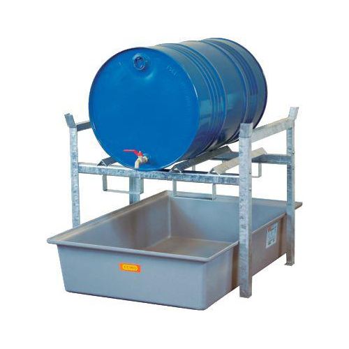 Fassregal TYP 400 Variante 1 CEMO, mit GFK-Auffangwanne, für 2 x 60 I Fässer oder 1 x 200 I Fass, m. Fassauflage, L 990 x B 1280 x H 840 mm