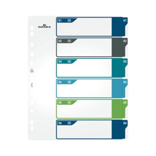 Register Durable, 6-teilig, DIN A4+, Indexblatt, EDV-beschriftbares Register, mit farbigen Taben