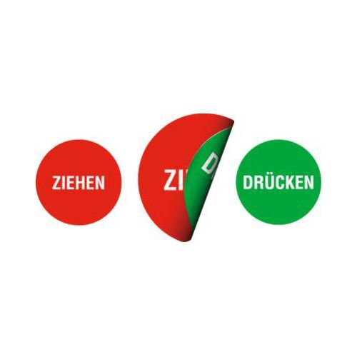 moedel Piktogramm-Aufkleber „Ziehen/Drücken“, doppelseitig bedruckt, selbstklebend, Ø 50 mm, Folie, rot-grün