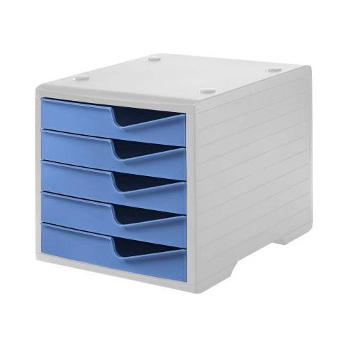 Schubladenbox styro® styroswing, 5 Schübe, Auszugsperre & Griffmulde, stapelbar, B 270 x T 340 x H 255 mm, Polystyrol, grau-cornflower