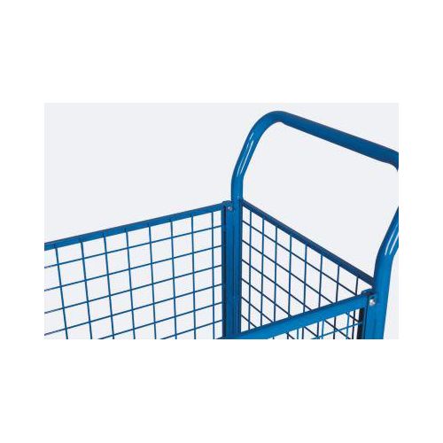 Vierwandwagen, Stahl/MDF-Platte, Enzianblau/Buche-Dekor, L 1000 x B 550 mm, herausnehmbare Längswände, TPE-Rollen mit EasySTOP, bis 500 kg