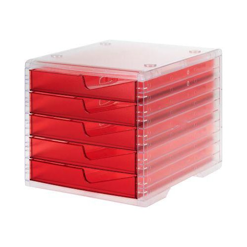Schubladenbox styro® styroswing light, 5 Schübe, Auszugsperre & Griffmulde, stapelbar, B 270 x T 340 x H 255 mm, Polystyrol, transparent-rot