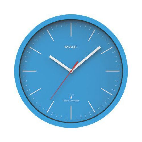 Funk Wanduhr Maul MAULjump, rund, für Innenräume, Minuten & Stundeneinheiten, ∅ 305 mm, Kunststoff & Mineralglas, hellblau-weiß, inkl. Batterie