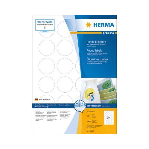 Herma runde Etiketten Nr. 4476 auf DIN A4-Blättern, 2400 Etiketten, 100 Bogen