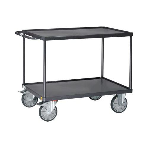 ESD-Tischwagen Fetra 9402W, bis 600 kg, 2 Etagen mit Wannen, Ladefläche L 1000 x B 700 mm, TPE-Bereifung, Schiebegriff, Stahl, schiefergrau