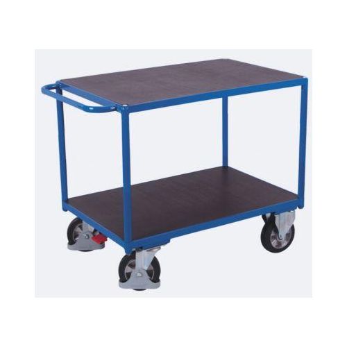 Schwerlast-Tischwagen, Stahl/Siebdruckplatte, Enzianblau/Dunkelbraun, 2 Etagen, L 1995 x B 800 mm, Vollgummi-Rollen mit EasySTOP, bis 1000 kg