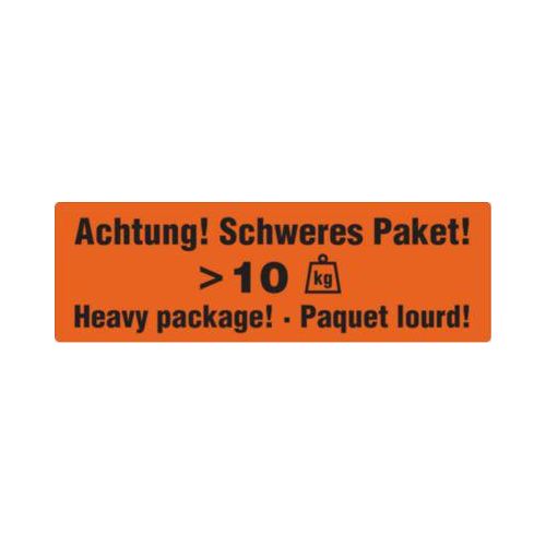 Warnetiketten „Achtung! Schweres Paket >10 KG“, 3-sprachig, 148 x 48 mm, perforiert, Haftpapier, leuchtrot mit schwarzem Aufdruck, 1 Rolle mit 500 Stück
