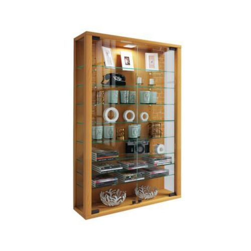 Wandvitrine Vitrosa Mini, ohne LED-Beleuchtung, 8 Einlegeböden, 2 Flügeltüren, B 590 x T 180 x H 910 mm, Glas & Holz, Buche-Dekor