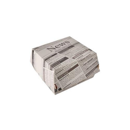 Burgerboxen Papstar Newsprint, mit Klappdeckel, L 125 x B 125 x H 70 mm, FSC®-Frischfaserkarton, grau-schwarz, 50 Stück