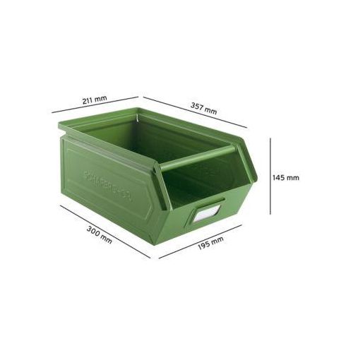 Schäfer Shop Select Sichtlagerkasten mit Tragestab, Stahl, L 360 x B 211 x H 145 mm, 8,5 l, 60 kg, RAL 6011 (resadagrün)