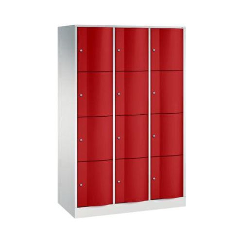 C+P Schließfachschrank Resisto, 3 Abteile, 12 Fächer, B 1148 x T 540 x H 1950 mm, Lichtgrau/Rubinrot