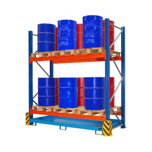 BAUER Umwelt-Grundregal UR-G 2700-2, Palettenregal, B 2900 x T 1300 x H 3000 mm, für max. 12 x 200-l-Fässer, Auffangwanne 277 l, lichtblau/verkehrsblau/reinorange