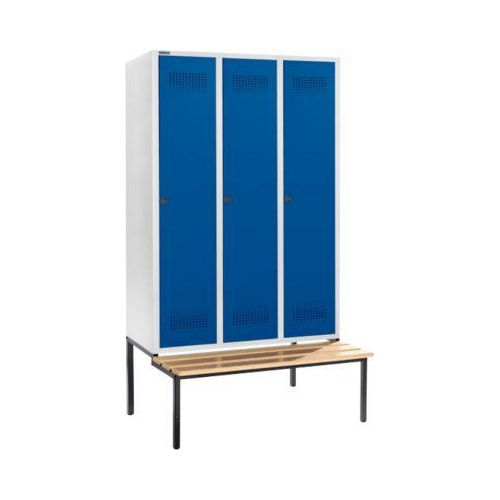 Schäfer Shop Genius Kleiderspind mit Sitzbank, 3 Abteile, 400 mm Abteilbreite, Sicherheitsdrehriegelverschluss, lichtgrau/enzianblau