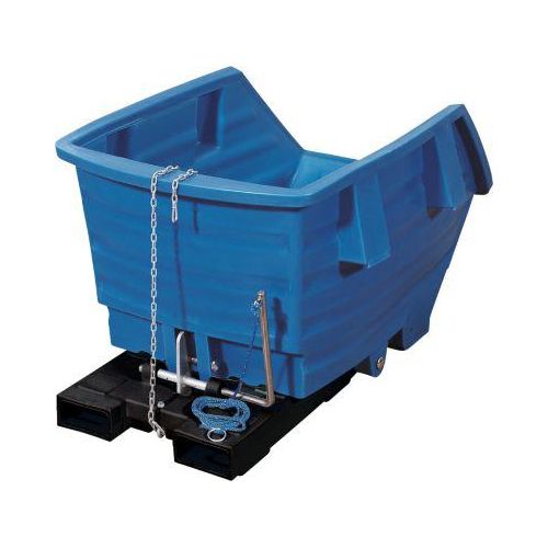 Kippbehälter, Polyethylen, blau, B 1170 x T 1660 x H 1060 mm, 1000 l, Schüttkanthöhe 635 mm, bis 250 kg, Kipp-Arretierungsvorrichtung