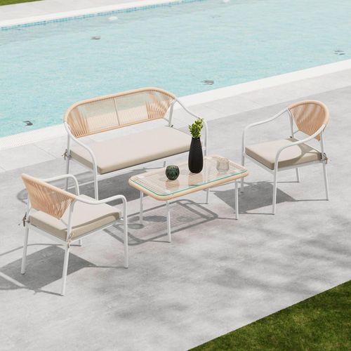 Ambia Garden Gartenset , Creme, Klar, Natur, Weiß , Metall, Kunststoff, Glas, Textil , 4-teilig , Füllung: Schaumstoff , Balkonmöbel, Balkonmöbel-Sets