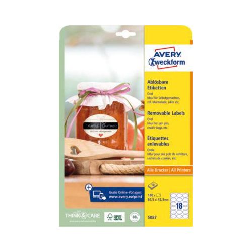 Avery® Zweckform Etiketten 5087, Format A4, ablösbar, druckergeeignet, 63,5 x 42,3 mm, 10 Bogen mit 180 Stück, FSC®-Papier, oval, weiß